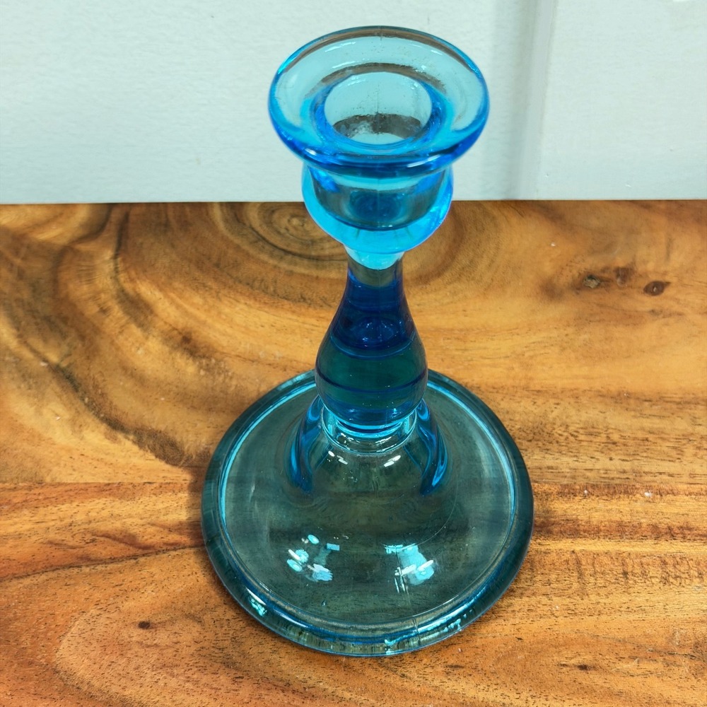 Vintage Blue Pressed Glass Taper Candlestick Holder Turquoise UV Reactive
